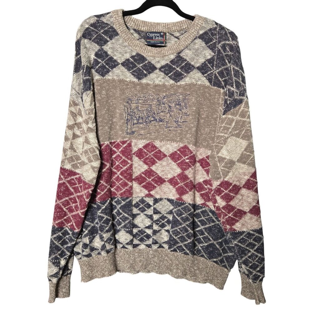 Vintage Men's XXL Novelty 3D Knit Embroidered Golf Sweater Argyle Gray Maroon Na
